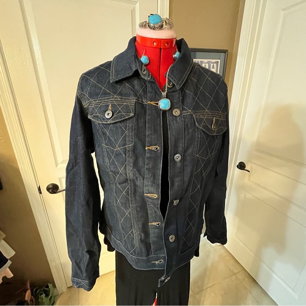 Denim jacket and pants in dark blue wash. Size 16. Never worn.